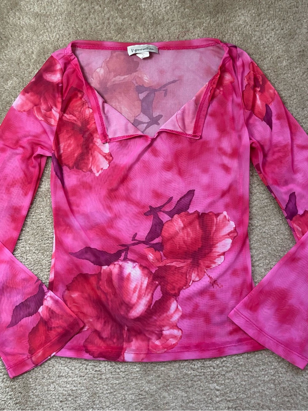 Pink Floral Mesh Long-Sleeve Top